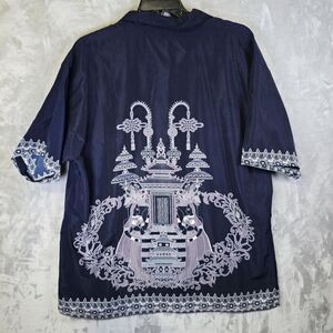Claudio Nucci Button Down Short Sleeve Navy Blue Shirt Mens XL Aloha Embroidered